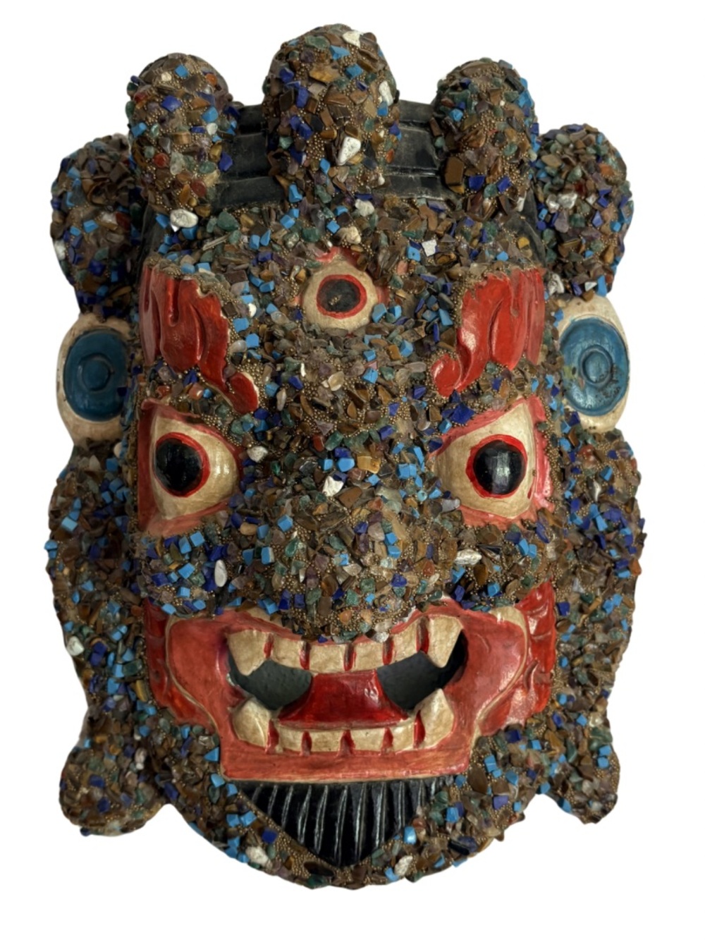 Vintage Hand Carved Balinese Wood Wall Mask Stone Mosaic Inlay Eclectic Decor